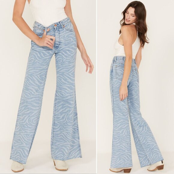 Wrangler Wanderer Flare JEANS Size 29 x 34 Blue Meow Laser Tiger Print NEW - Picture 4 of 16